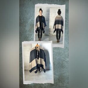 Striped Black and Cream Poncho with Aztec Print.